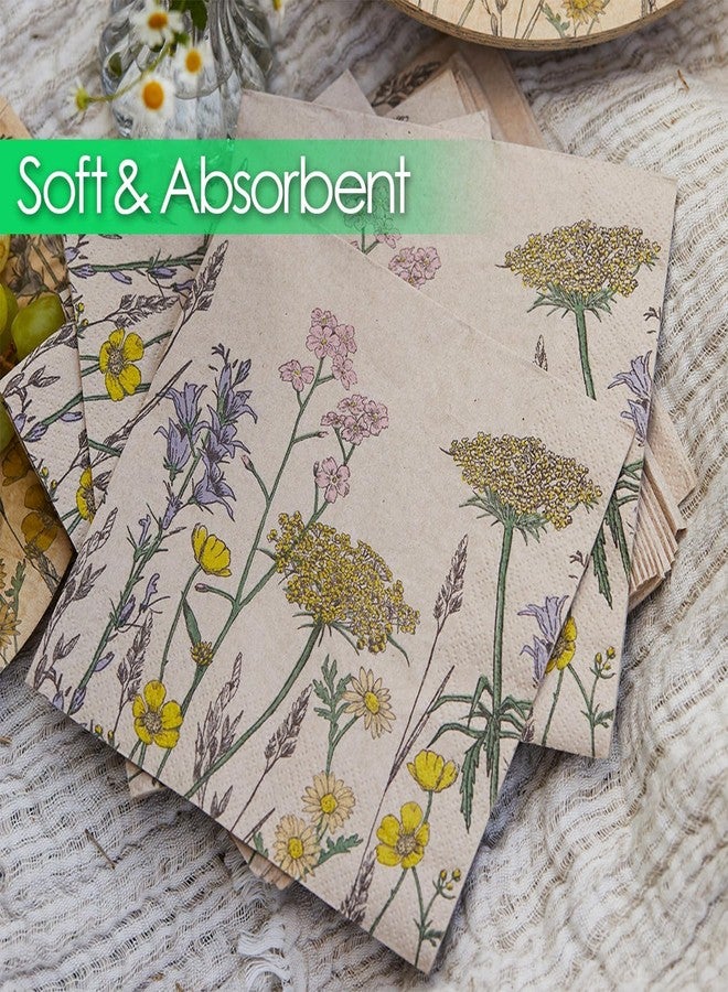 توكينج تيبلز مناديل ورقية ناعمة معاد تدويرها بنقشة زهور برية، 100 منديل، مثالية لفصل الربيع. صديقة للبيئة، للاستخدام اليومي، وقابلة للتحلل الحيوي. مناسبة لحفلات الزفاف، وحفلات الشاي، وأعياد الميلاد. ورق كرافت طبيعي. - Image 2